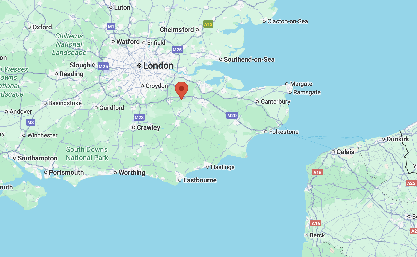 Map showing a pin near Borough Green, Kent, UK